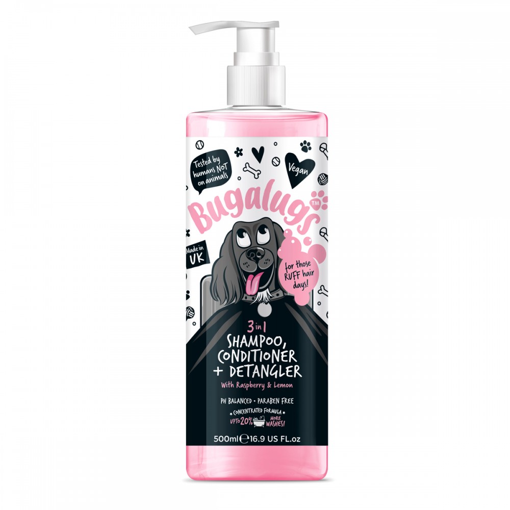 3 in 1 Dog Shampoo, Conditioner & Detangler with Raspberry & Lemon - 500ml