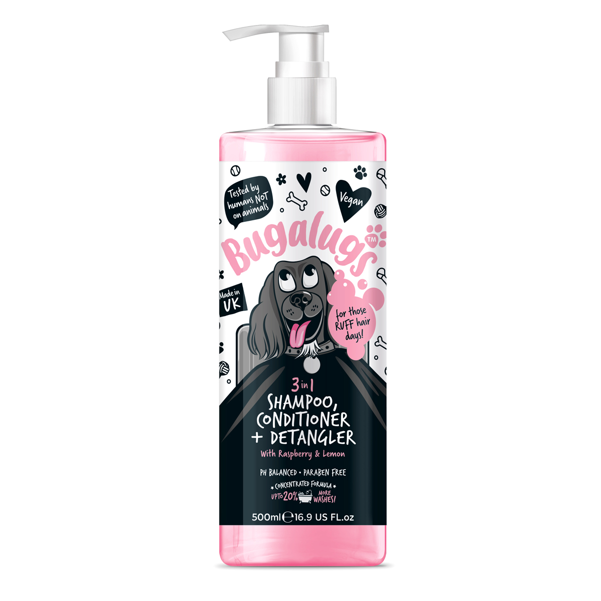 3 in 1 Dog Shampoo, Conditioner & Detangler with Raspberry & Lemon - 500ml