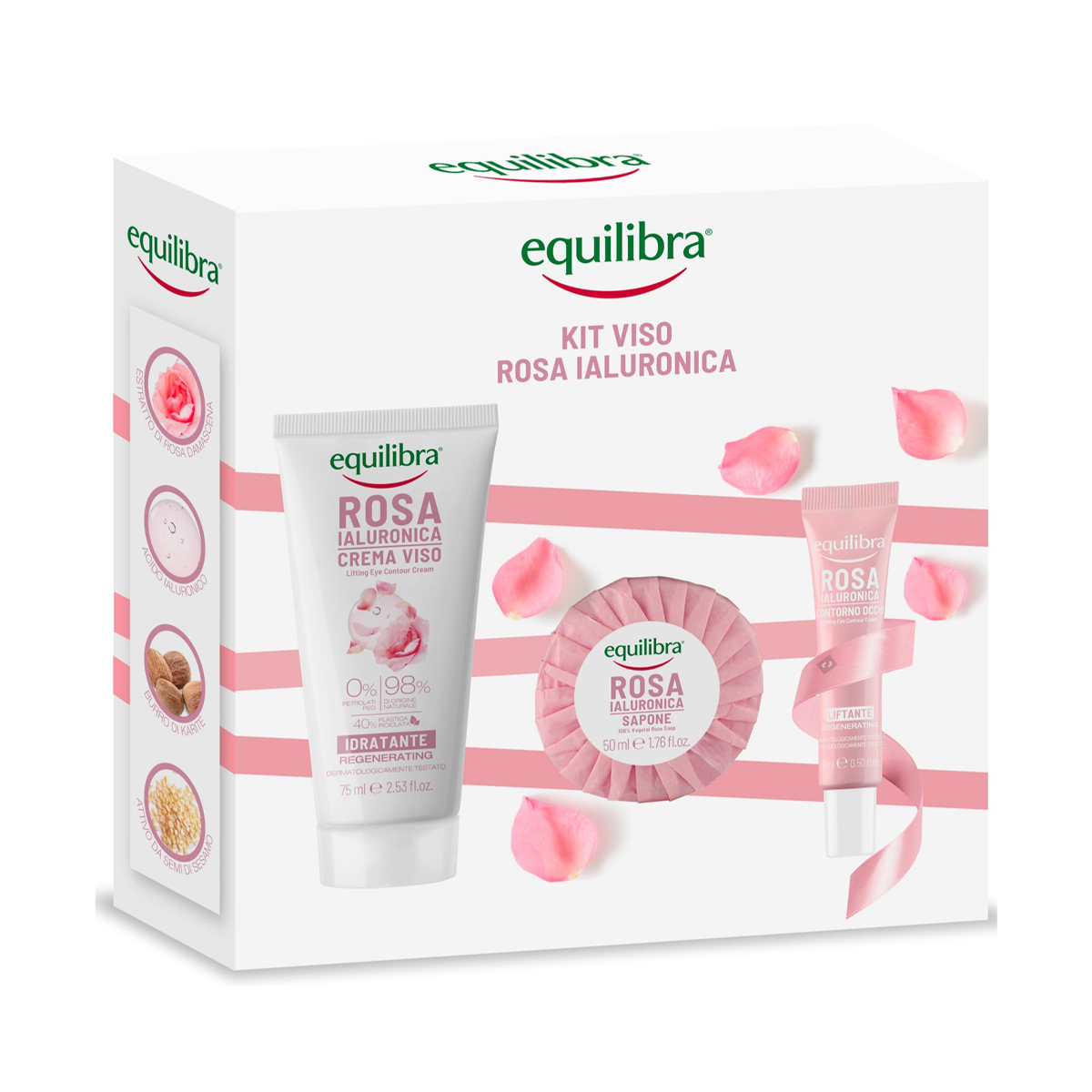 EQUILIBRA GIFT SET ROSE FACE CREAM 75 ML, EYE CONTOUR CREAM 15 ML & HAND SOAP