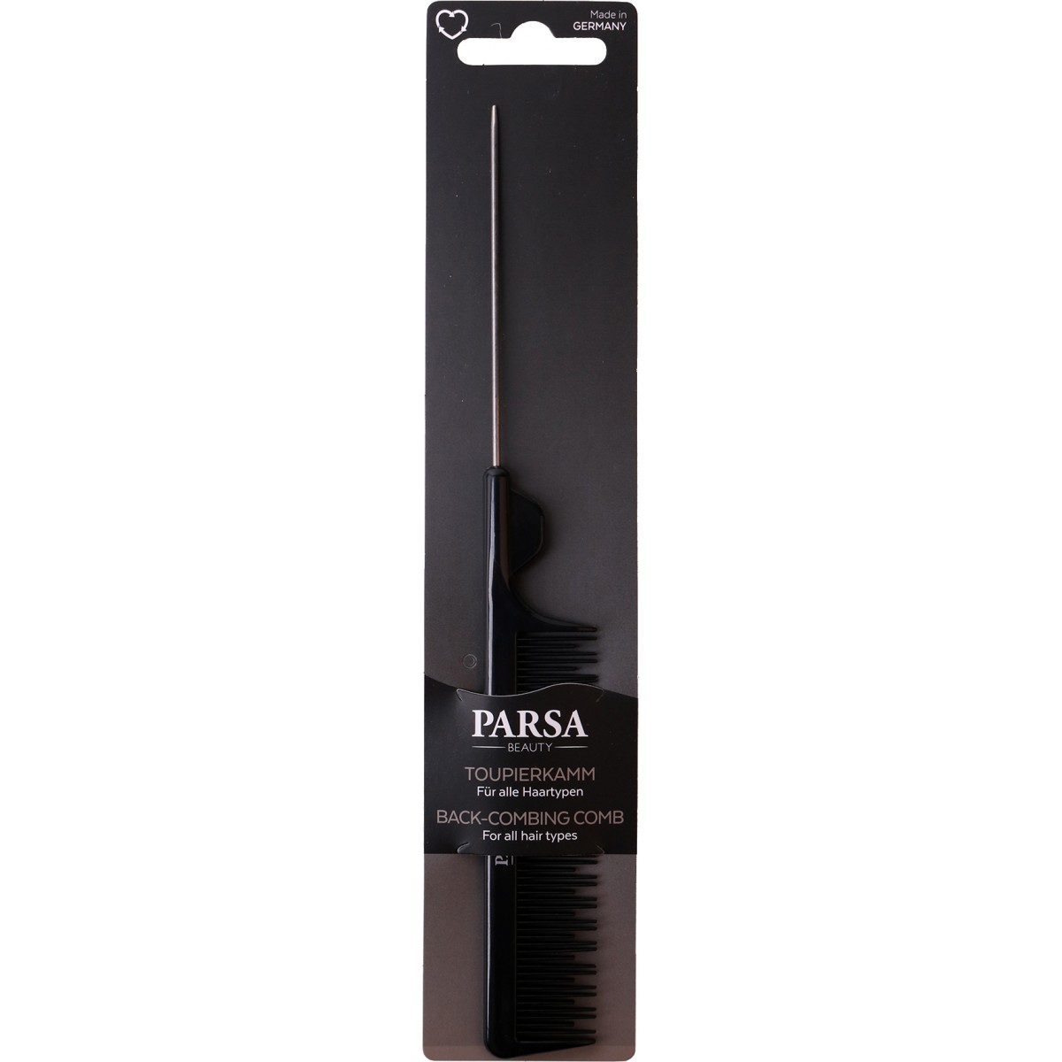 PARSA HAIR COMB BLACK FOR TEASING WITH METAL EDGE